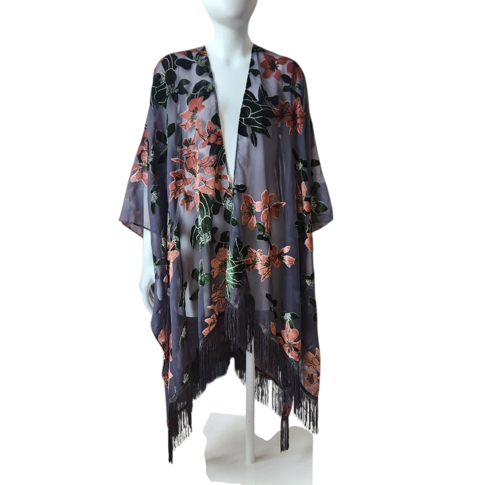 Boho Whimsigoth Kimono-WM-Dark Sheer-Iridescent-Floral Burnout Velvet-Fringed-OS